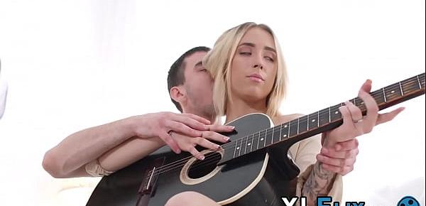  Young blonde play guitar before vigorous cock insertion